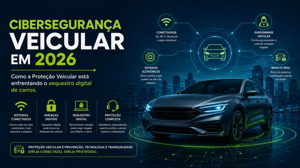 Cibersegurança veicular em 2026 com proteção contra ataques hackers e sequestro digital de carros conectados.