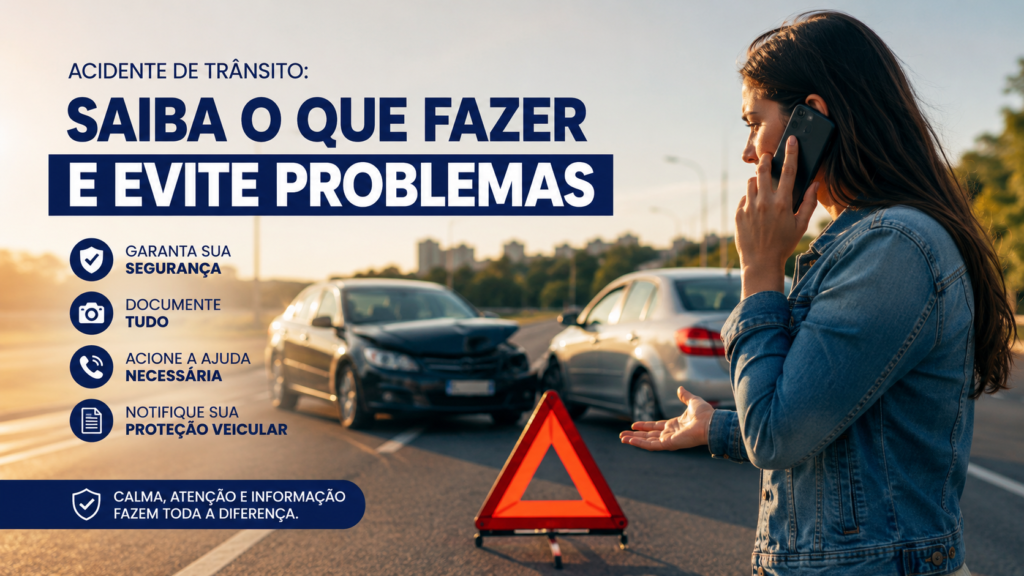 Motorista sinalizando um acidente de trânsito com triângulo de segurança após colisão em via urbana.