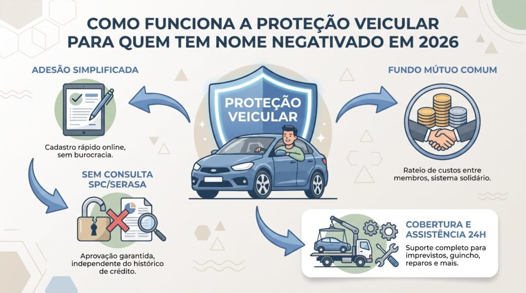 Proteção veicular para negativados em 2026 com cobertura para roubo, furto, colisão, assistência 24 horas e sem consulta ao SPC ou Serasa.