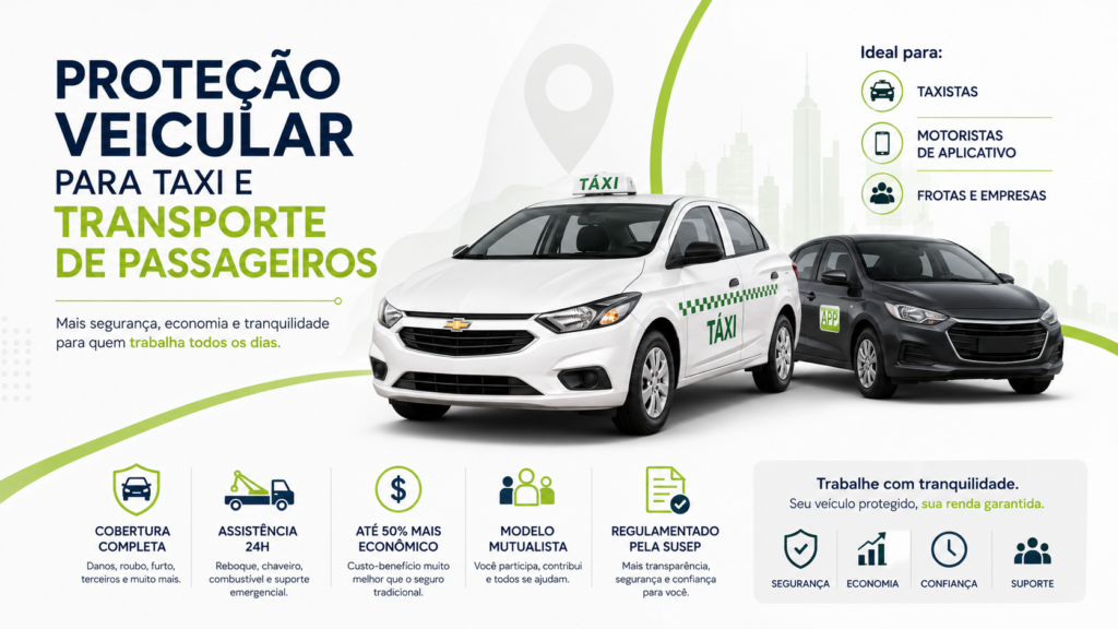 Proteção veicular para táxi e transporte de passageiros com cobertura contra roubo, furto, colisão, danos a terceiros e assistência 24 horas.
