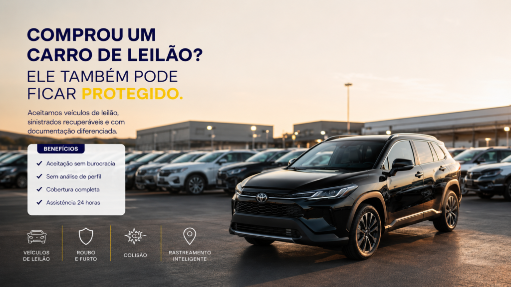 Veículo de leilão sendo protegido por escudo digital, representando proteção veicular para carros com restrições em 2026